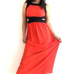 Long red half sleeves maxi black embroidery dress